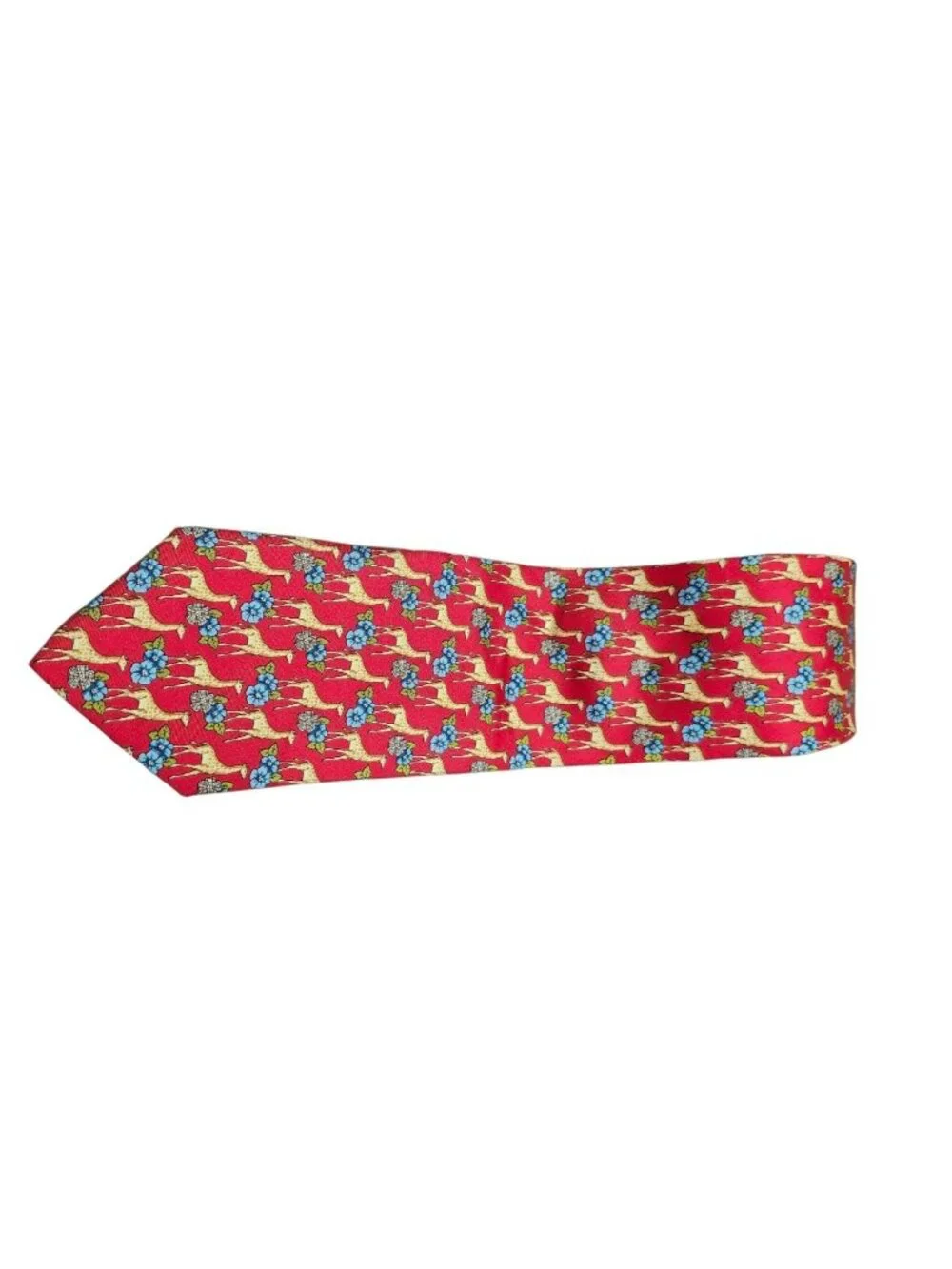 Vintage Burberrys of London 100% Silk Red Giraffe Floral Animal Print Tie